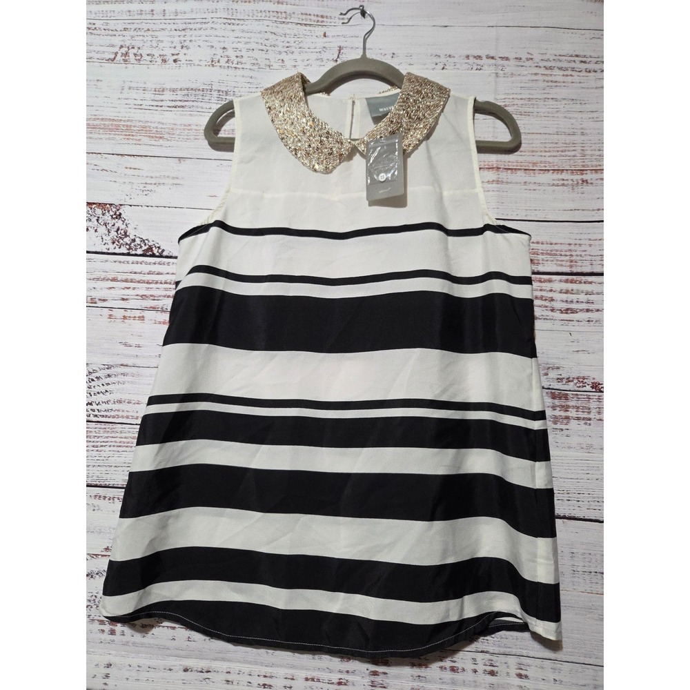 Maeve Anthropologie Striped Sleeveless Top Sequin Collar Black White Large NWT